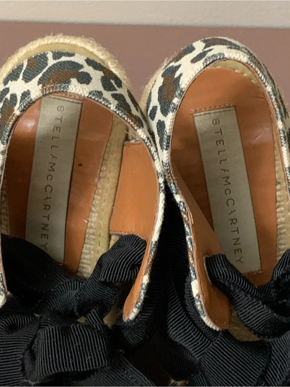 STELLA McCARTNEY Animal Print Canvas Ribbon Ankle Tie Wedge Espadrille Shoe Sz39